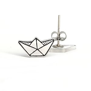 Origami Paper Boat White Painted Wood Stud Earrings Sailor Captain Cute Boating Jewelry