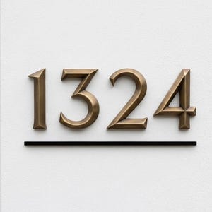 以下が含まれることがあります： 滑らかな白い壁に水平に取り付けられた、1324と表示された立体的なメタリックブロンズの番地プレート。数字のすぐ下には、すっきりとした視覚的アクセントとして、細い直線の黒い水平線が配置されています。