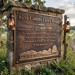 May include: A rectangular bronze-toned metal plaque mounted on a stone pillar, featuring the text 6559 Combs Ferry Road and a description of the region's agricultural heritage. Two rustic metal lanterns are attached to the sides of the stone pillar.