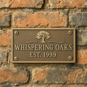 Puede incluir: Placa rectangular de bronce con las palabras "Whispering Oaks" y "Est. 1999" en fuente serif. La placa presenta un emblema de árbol y está montada en una pared de ladrillo con cuatro tornillos.