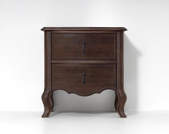 French Style American Walnut Nightstand, 2-Drawer Bedside Table, Handmade Solid Wood, Fully Assembled