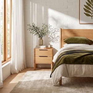 May include: A light wood bed frame with a headboard, featuring a beige linen duvet, olive green velvet pillows, and a matching olive green velvet throw blanket. Beside the bed sits a light wood two-drawer nightstand with black metal handles.