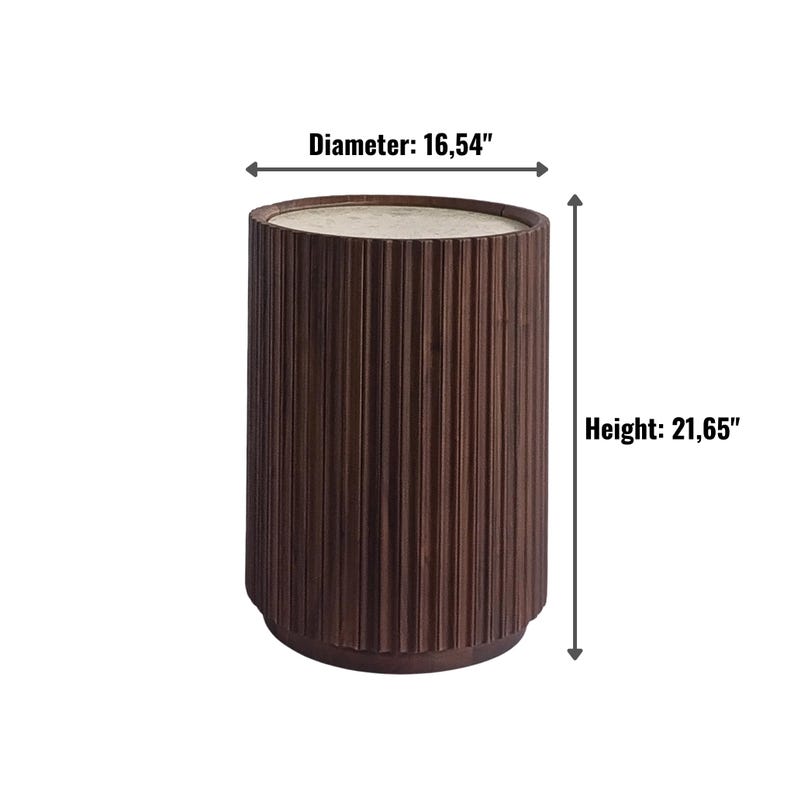 May include: A dark brown, cylindrical side table with a light-colored top. The table has a ribbed texture and measures 16.54 inches in diameter and 21.65 inches in height. The design is modern and minimalist.