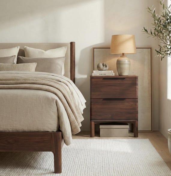 Handmade American walnut Nightstand with two spacious Drawers, Modern Bedside Table