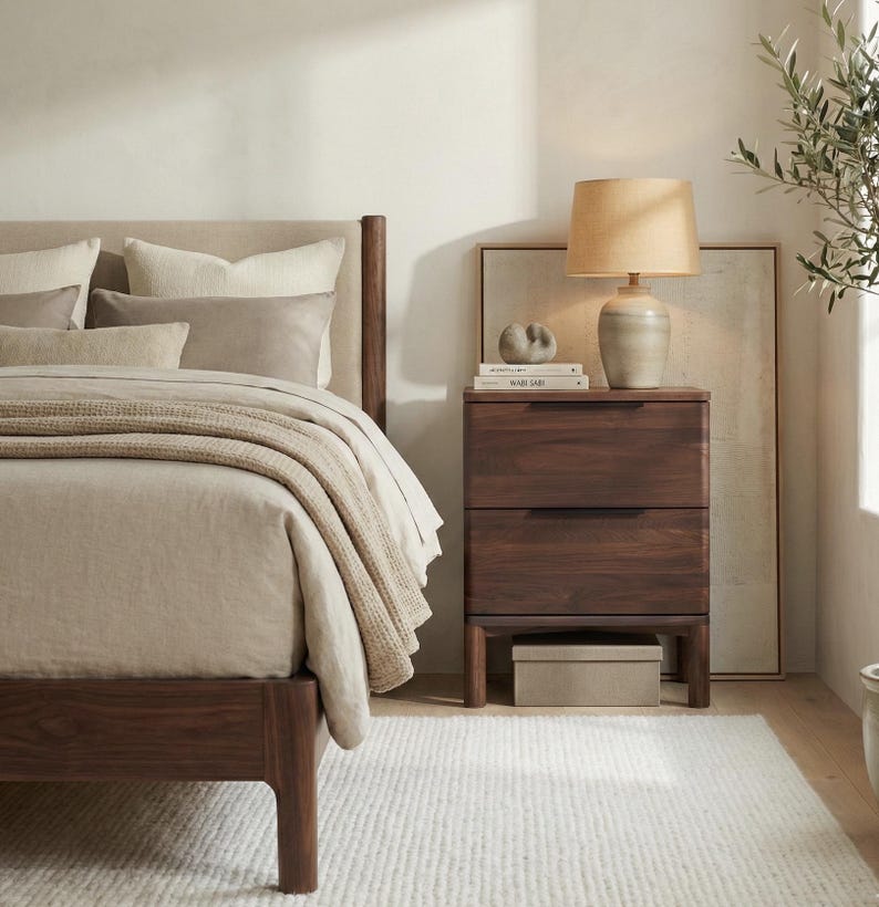 Handmade American walnut Nightstand with two spacious Drawers, Modern Bedside Table image 1
