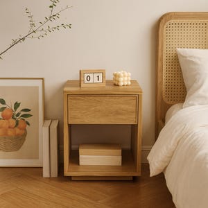 American White Oak Handmade Solid Hardwood Nightstand with Soft-Close Drawer &quot;Amelia&quot; – Minimalist Bedside Table, Nightstand With One Drawer