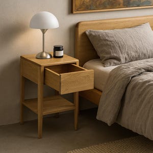 In a styled neutral bedroom, a small Scandinavian oak nightstand, handcrafted from American White Oak, stands beside a wood-framed bed. The small wood bedside table with drawer has its drawer fully open, revealing the wood interior, and an empty lower shelf. A white dome lamp with a brushed base and a dark candle jar sit on top, highlighting the modern handcrafted nightstand’s minimalist style.