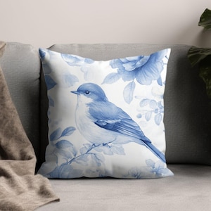 Blue Floral Bird Pillow Case, Decorative Throw Pillow Cover, Bird and Flower Cushion, Nature Inspired Pillow, Elegant Home Decor