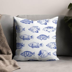 Decorative Fish Print Pillow Case, Ocean Themed Cushion Cover, Nautical Home Decor, Blue Fish Pattern Pillow Cover, Coastal Living Room