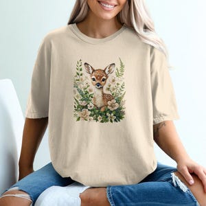 Cute Woodland Fawn T-Shirt, Adorable Deer Graphic Tee, Cottagecore Aesthetic, Nature Lover Shirt, Floral Animal Print Top