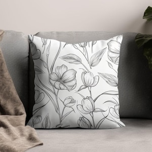 Dekorativer Blumenkissenbezug, Schwarz-Weiß-Blumenmuster-Kissenbezug, elegantes Wohnkulturkissen, botanisches Akzentkissen