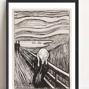 May include: Framed black and white print of Edvard Munch's "The Scream." The artwork shows a figure with a wide open mouth and hands on their face, standing on a bridge. Two figures are in the background.