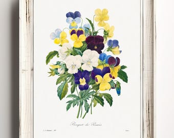 パンジーの花束（印刷可能）、P.J. Redouteによるヴィンテージフラワー