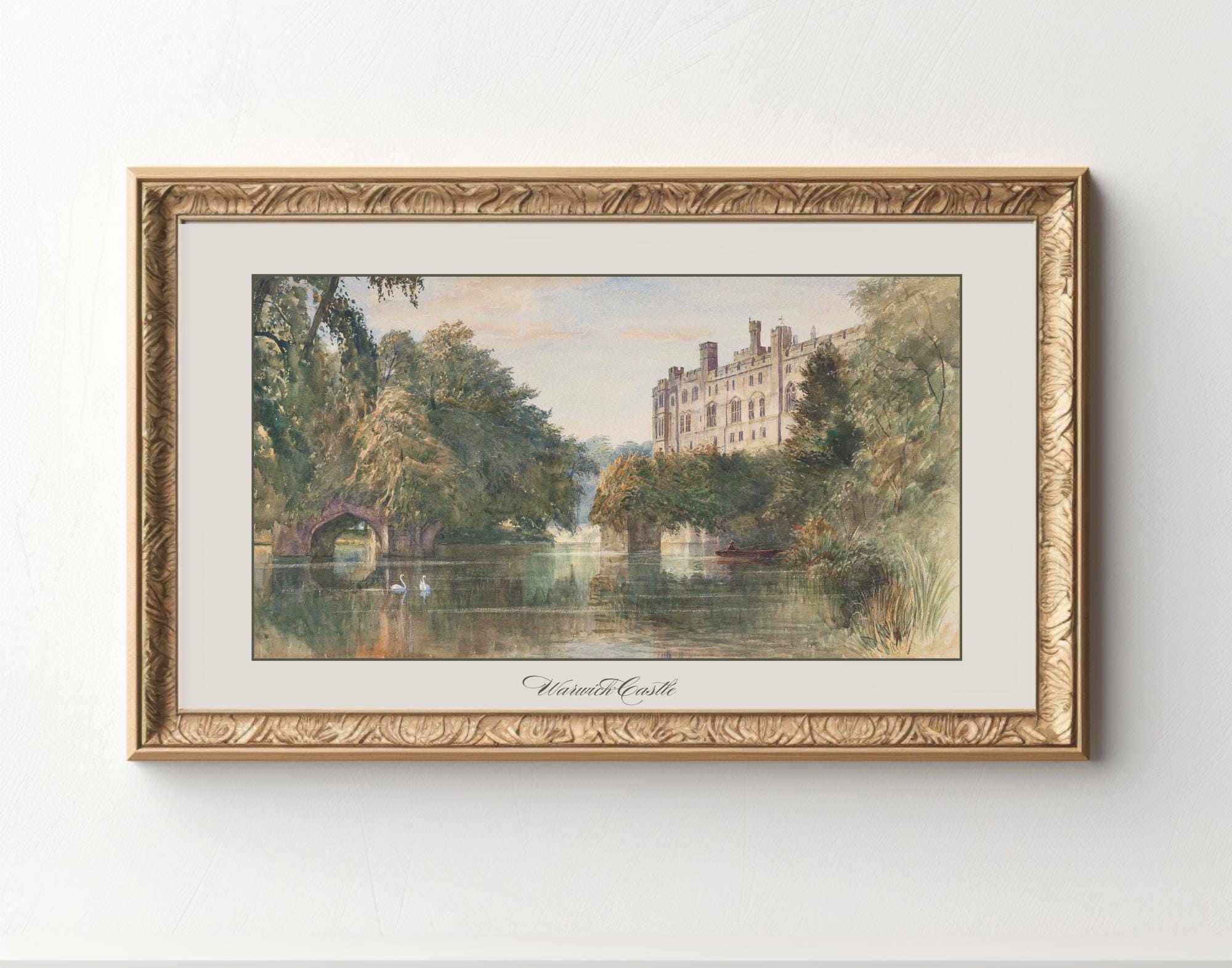 Vintage countryside castle art print, emerald green and gold, romantic artwork, instant download, living room art, beautiful bedroom print
