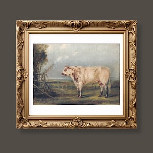 Beautiful farm vintage painting cow art farm animal print instant digital download vintage painting home decor living room art large bull