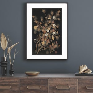 Japanese Autumn Flowers & Tree, Japanese Digital Wall Art, Vintage Asian Print, Zen Decor, Modern Organic Art, Japandi Decor Vintage Art