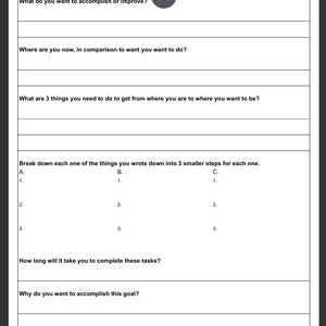 Puede incluir: Una hoja de papel blanca con el título "GOAL SETTING" en negro. La hoja está diseñada para ayudar con la planificación de objetivos, con secciones para definir objetivos, evaluar la situación actual, delinear pasos y establecer plazos. También incluye una sección para la motivación.