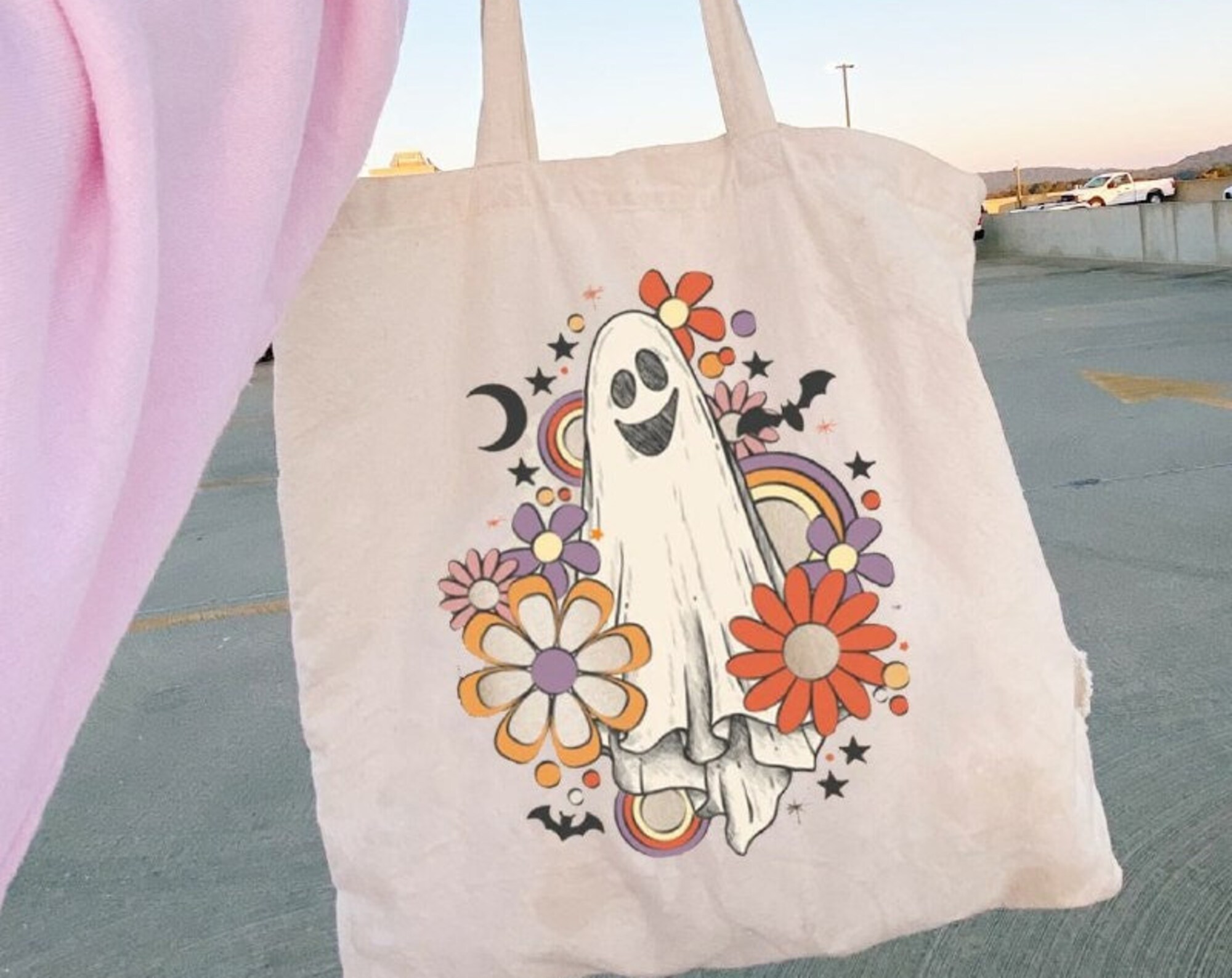 Halloween Ghost Canvas Tote Bag, Groovy Ghost