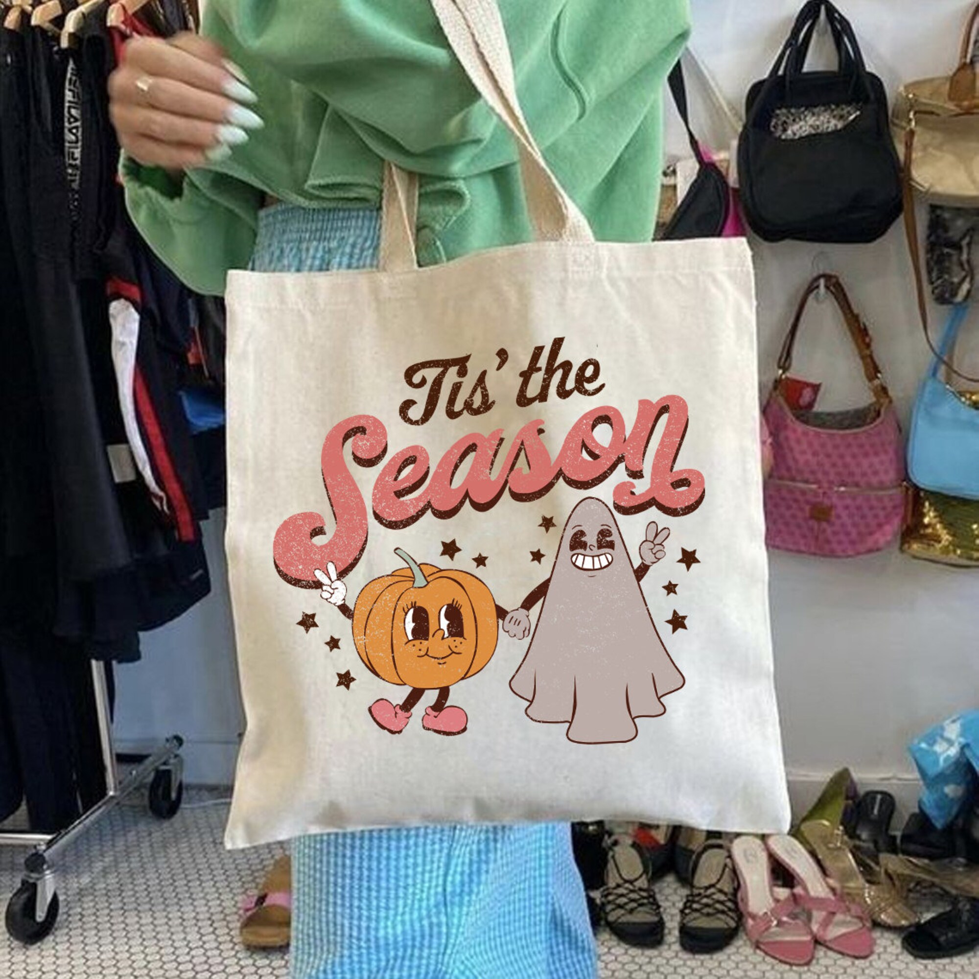 Tis' The Season Halloween Canvas Tote Bag, Groovy Ghost Pumpkin