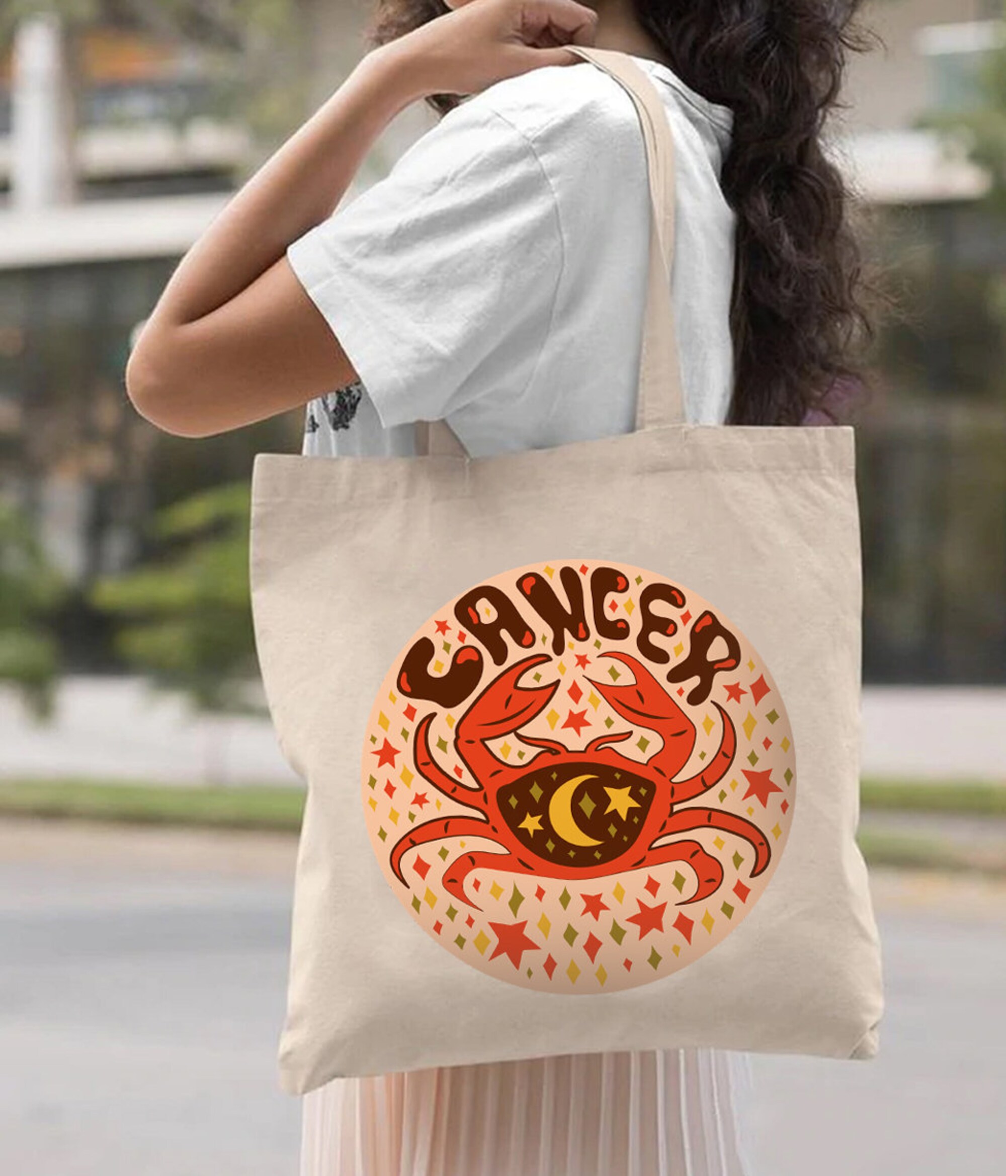 Cancer Zodiac Canvas Tote Bag, Retro Cancer Carb Bag