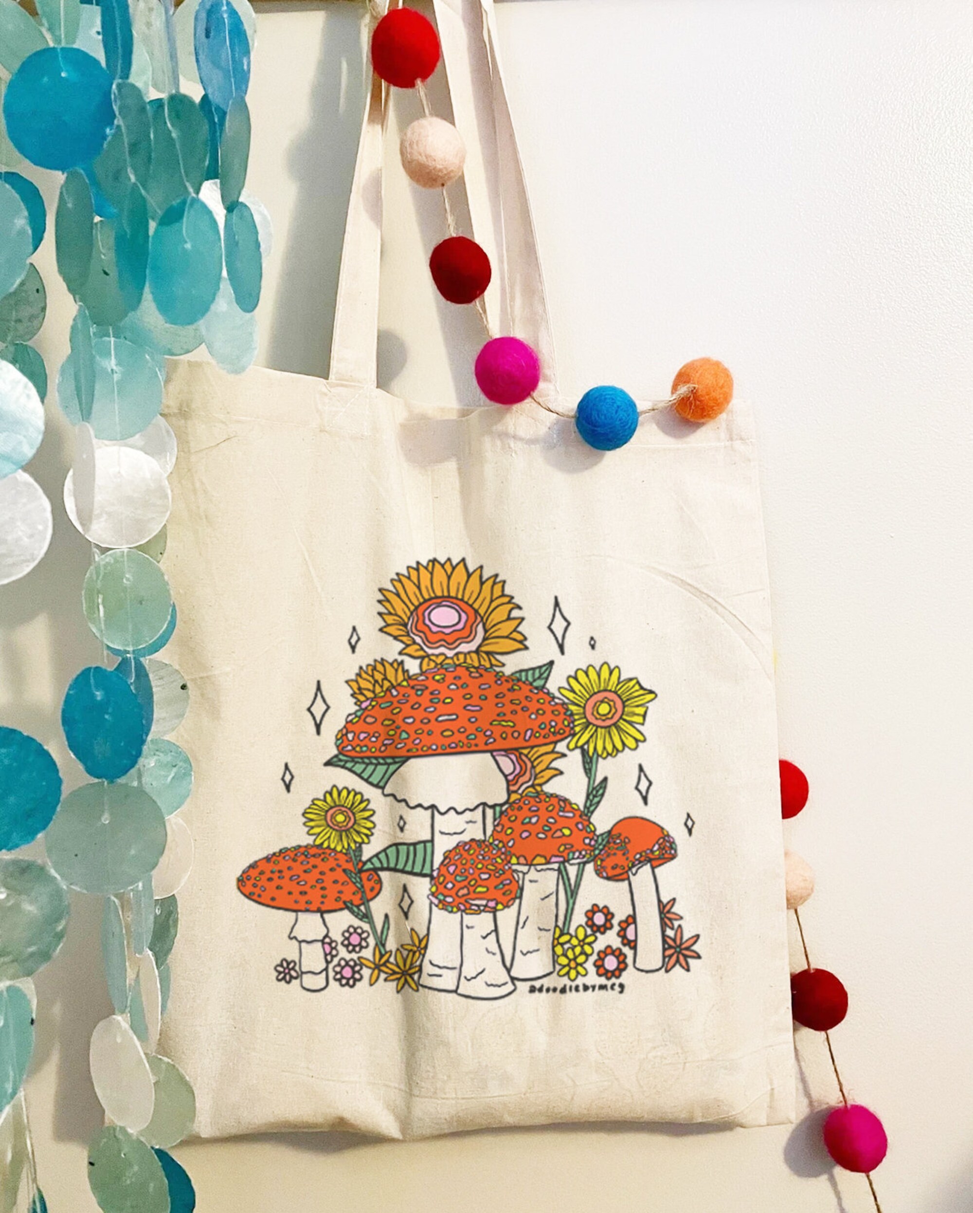 Mushrooms And Flowers Canvas Tote Bag, Hippie Bag