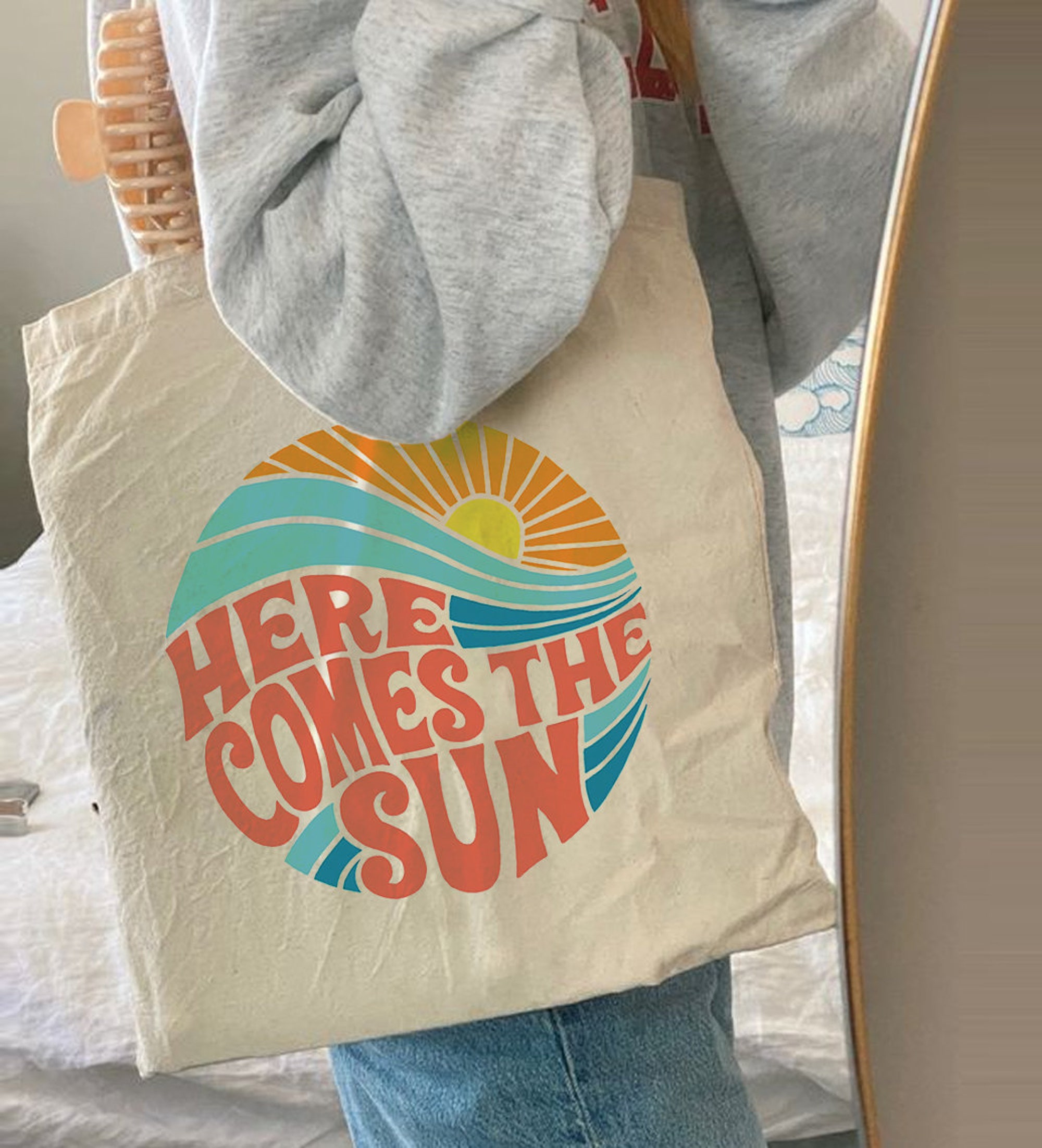 Here Comes The Sun Canvas Tote Bag, Groovy Sun And Wave Canvas Cotton Tote Bag