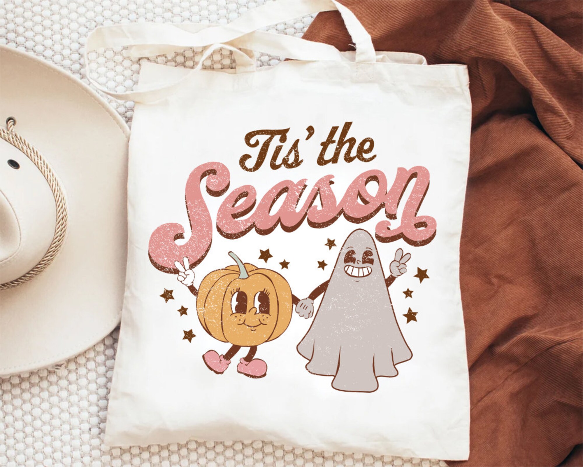 Tis' The Season Halloween Canvas Tote Bag, Groovy Ghost Pumpkin