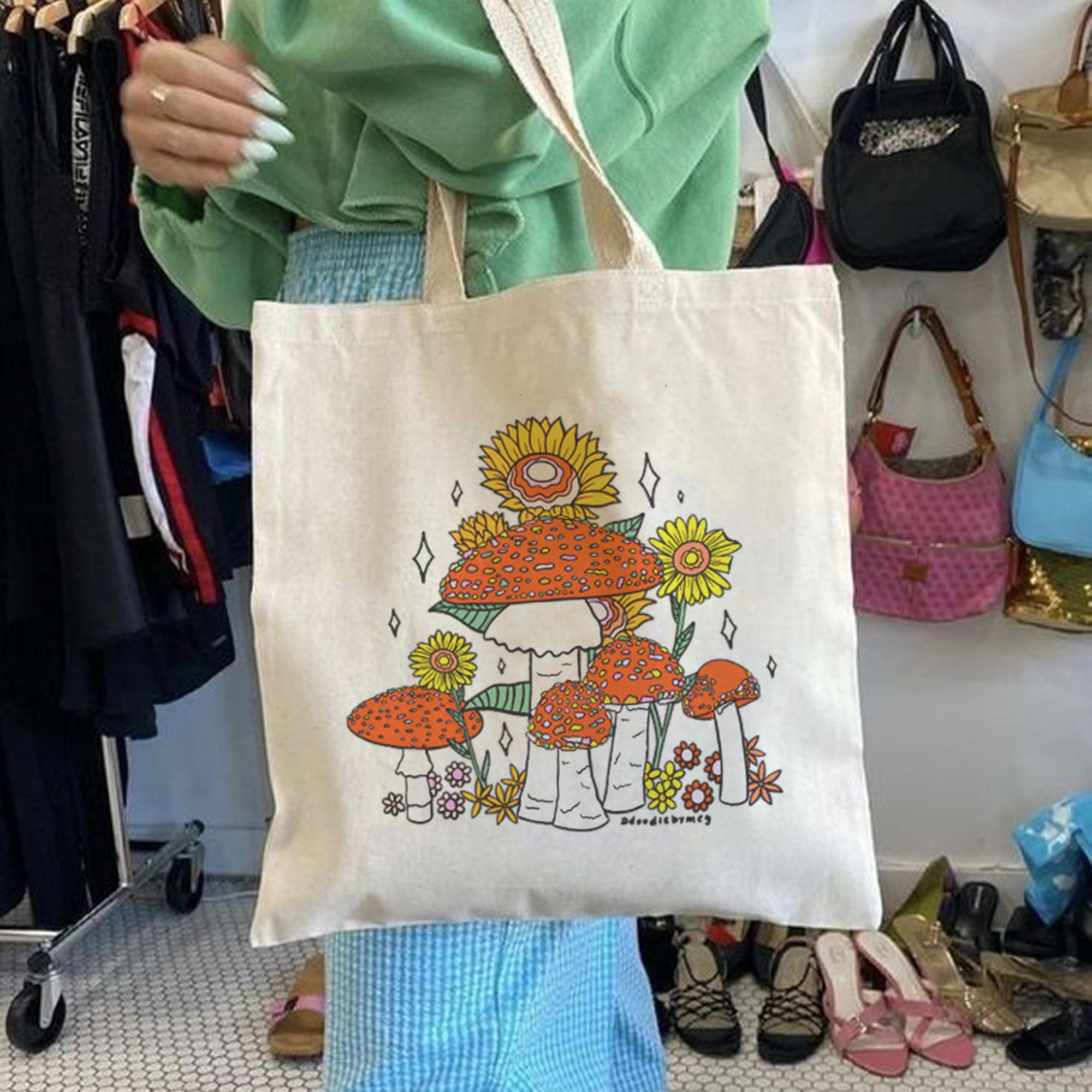 Mushrooms And Flowers Canvas Tote Bag, Hippie Bag
