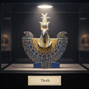 statue of the ancient Egyptian god Thoth with ibis head and upright pharaonic posture.