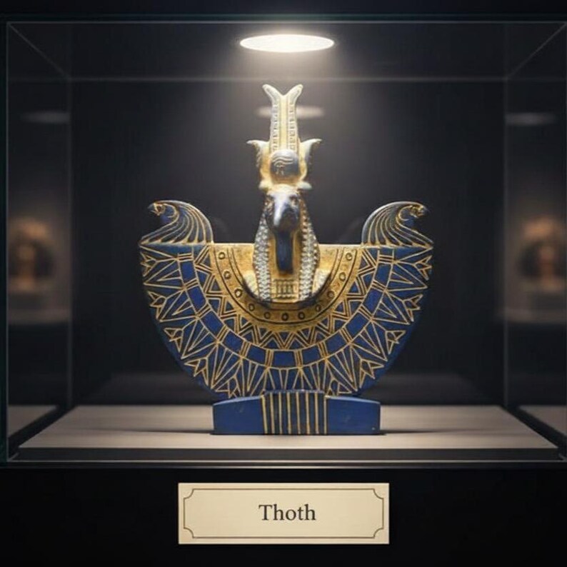 statue of the ancient Egyptian god Thoth with ibis head and upright pharaonic posture.