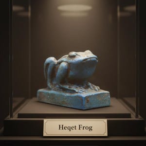 以下が含まれることがあります： ガラスケースに展示された青いカエルの像。カエルは長方形の台座の上にあり、下に「Heqet Frog」と書かれたネームプレートがあります。像は風化した外観をしています。