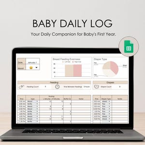 May include: A laptop screen displaying a baby daily log template. The template includes sections for date, mood, feeding, and diaper changes. The feeding section includes a chart for tracking nursing and bottle feeding times, durations, and ounces. The diaper section includes a chart for tracking diaper changes, types, and notes. The template also includes a graph showing breast feeding evenness and a pie chart showing diaper type.