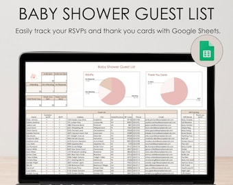 Rastreador de lista de invitados para baby shower para hojas de cálculo de Google, plantilla de lista de invitados, rastreador de invitados y obsequios, organizador de notas de agradecimiento