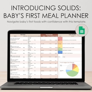 Op de afbeelding: Een laptopscherm dat een spreadsheet toont met een maaltijdplan voor het introduceren van vast voedsel voor baby's. De spreadsheet bevat kolommen voor maaltijden, nieuwe voedselintroducties, voedseldiversiteit en kleurdiversiteit. Een cirkeldiagram toont de kleurdiversiteit van fruit en groenten.