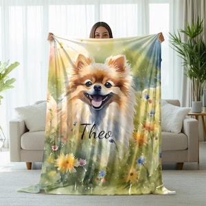 Pomeranian Dog Blanket Personalized Fleece Throw with Name, Soft Sherpa Cozy Pet Decor, Cute Pom Gift for Dog Lovers