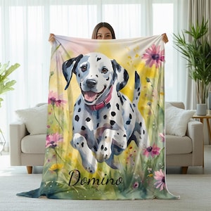 Dalmatian Dog Blanket Personalized Pet Name Fleece Throw Cozy Spotted Dog Lover Gift for Pet Parents