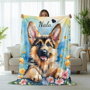 German Shepherd Pup Blanket, Personalized Dog Name Throw, Soft Fleece Dog Baby Gift, Custom GSD Newborn Blanket, Puppy Lover Keepsake