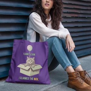 Funny Cat Tote, Personalized Kitten Handbag, I Claimed the Box, Cat Lover Gift, , Custom Pet Bag, Sarcastic Tabby Gift, Cute Kitty Quote