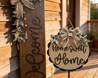 Matching Porch Sign Set | Home Sweet Home Leaner + Welcome Door Hanger | Farmhouse Porch Decor | Front Door Sign | Wooden Entryway Decor