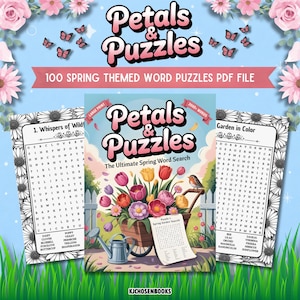 Puede incluir: Una colorida portada de libro para "Petals & Puzzles", una búsqueda de palabras con temática primaveral. La portada presenta un arreglo floral en un carro de madera, una regadera y un pequeño pájaro. El texto dice "100 Spring Themed Word Puzzles PDF File."