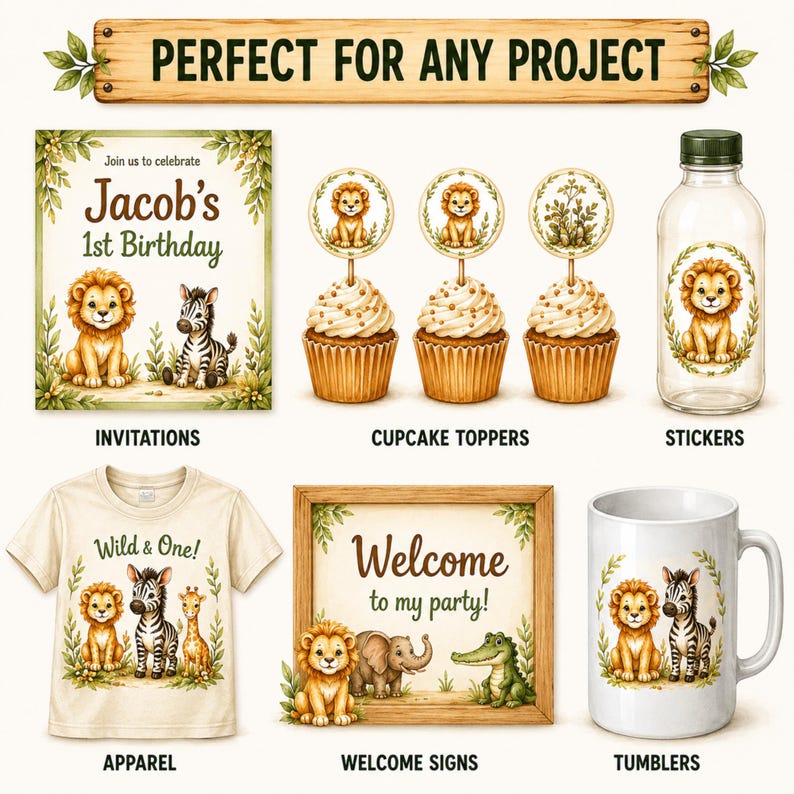 Safari Clipart Bundle – Baby Jungle Animals, Wild One Birthday Decor ...