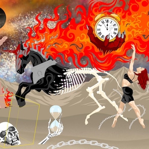 Puede incluir: Ilustración de arte digital con un unicornio negro con melena de fuego, un esqueleto, una bailarina y una mano sosteniendo un reloj roto. Un cráneo está dentro de un cubo y una mano sostiene un reloj de arena. El fondo es un paisaje cósmico.