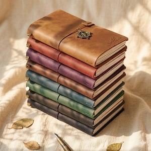 May include: A stack of leather-bound journals in various colors, including brown, red, purple, and green. The top journal has a compass charm and the name "Alice" inscribed. A pen and leaves are in the foreground.