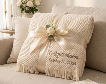 Personalized Embroidered Blanket, Custom Couple Wedding Gift, Name Date Throw Blanket, Anniversary Gift, Cozy Knit Keepsake
