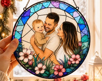 Atrapasueños de vidrieras con foto personalizada, retrato familiar personalizado, decoración para ventana, recuerdo para la pared