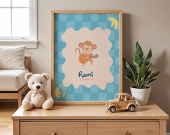 Personalized Kids poster |Monkey wall art| Middle Eastern Print |Oud instrument