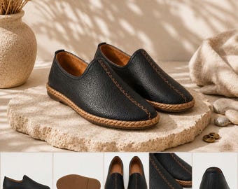 Black Leather Barefoot Shoes, Authentic Turkish Yemeni Loafers