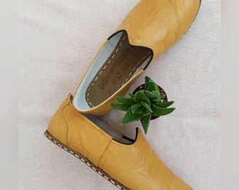 Zapatos yemeníes de cuero amarillo, mocasines otomanos hechos a mano