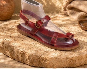Handmade Maroon Leather Roman Sandals, Viking Style, Barefoot