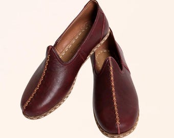 Maroon Leather Yemeni Shoes, Barefoot Grounding Loafer, Turkish Ottoman Slippers